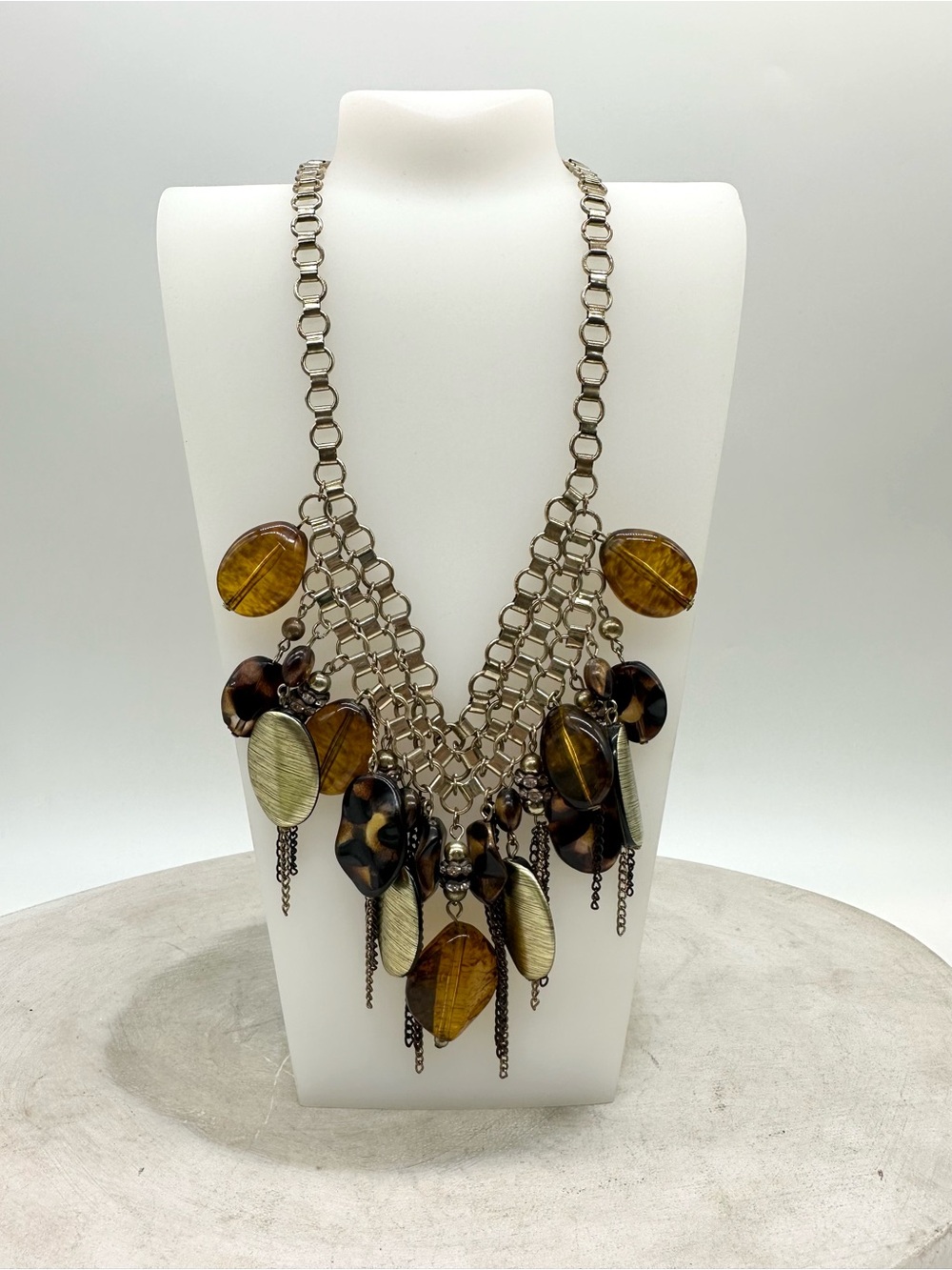 Vintage Gold Bib Statement Necklace Tortoiseshell Amber Lucite Resin Waterfall